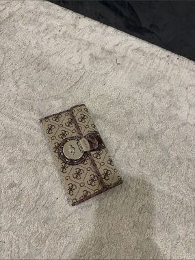 Guess Beige and Brown Logo Trifold Wallet